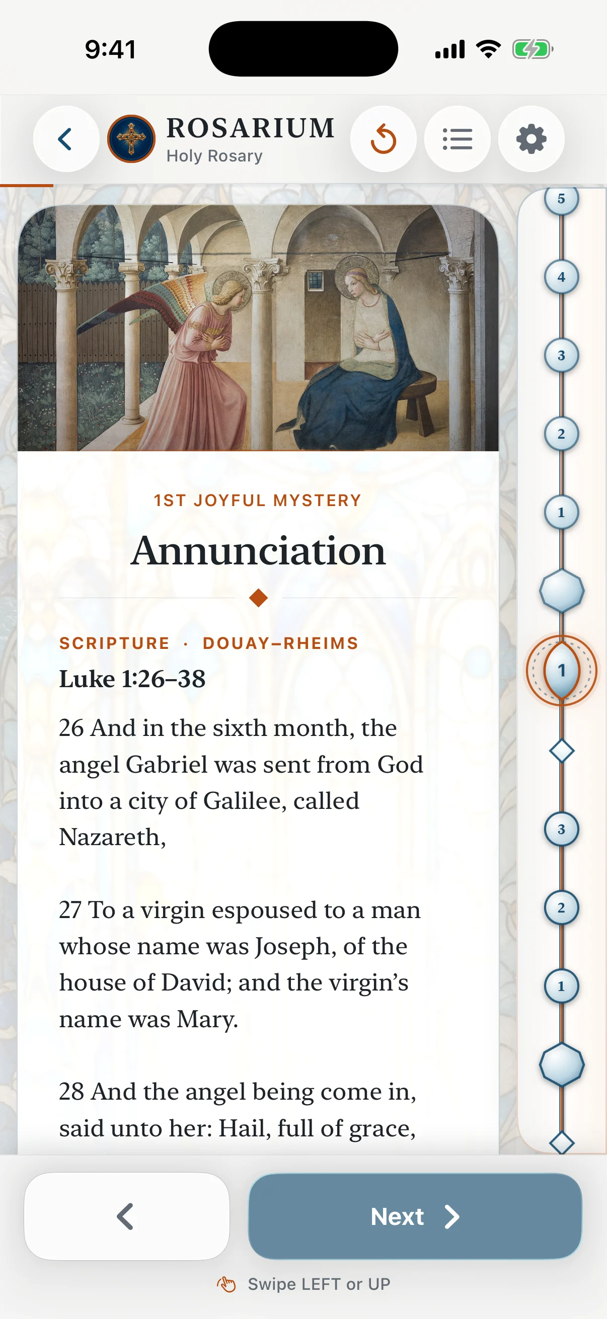 Rosarium on iPhone showing the Annunciation artwork, Scripture, and prayer beads